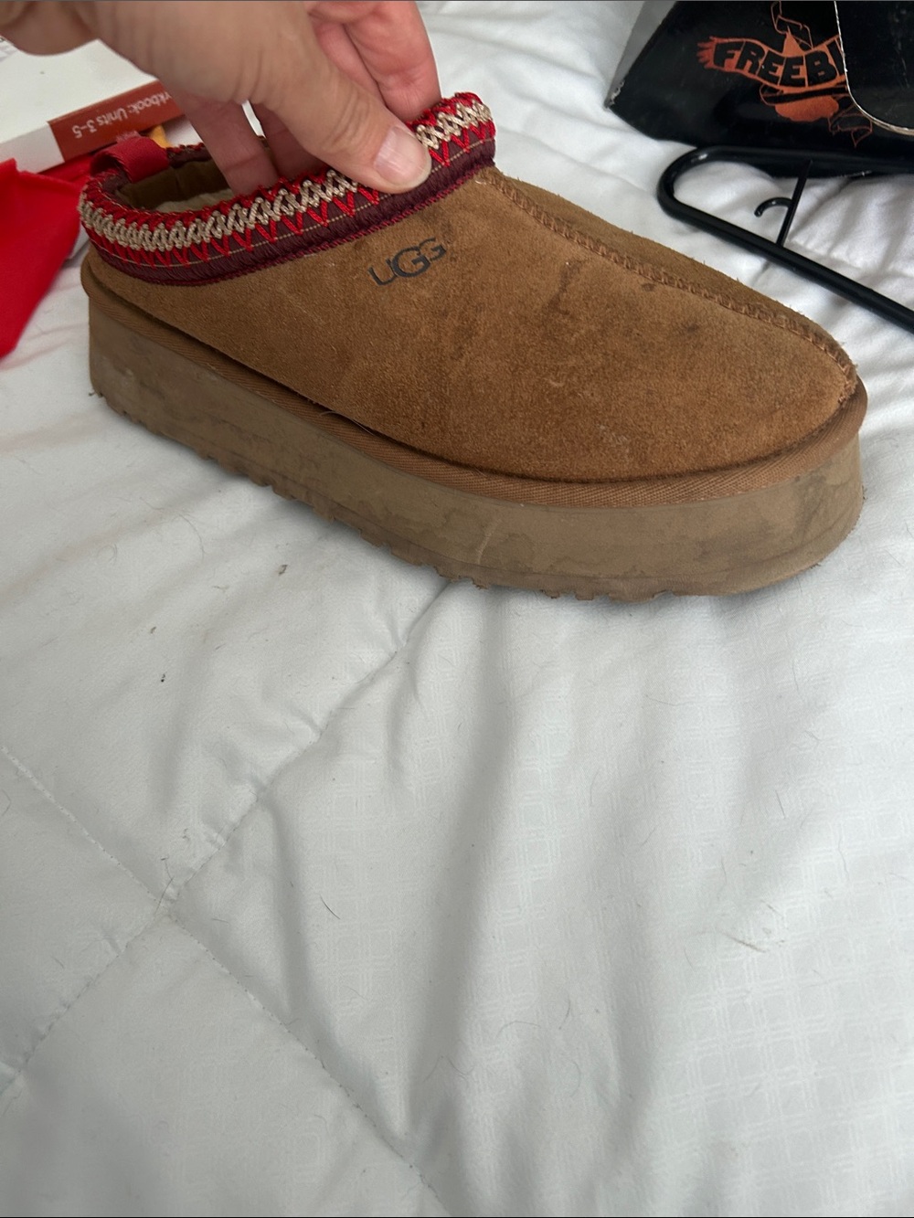 UGG Chestnut Suede Platform Mule with Red Accent